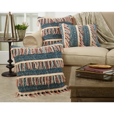 Blue Embroidered Fringed Cotton Square Pillow