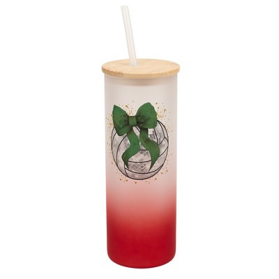Elanze Designs 25 Ounce Frosted Glass Gradient Travel Tumbler With Straw and Wooden Lid, Volleyball With Green Bow Red