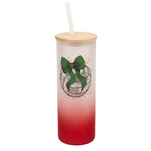 Elanze Designs 25 Ounce Frosted Glass Gradient Travel Tumbler With Straw and Wooden Lid, Volleyball With Green Bow Red - 1 of 1