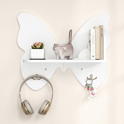 Butterfly Shaped 2 Tier Wall Shelves with Hooks, Small Floating Shelves, Cute Butterfly Wall Decor, Nursery Book Shelves for Bedroom, Living Room