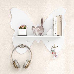 Butterfly Shaped 2 Tier Wall Shelves with Hooks, Small Floating Shelves,Butterfly Wall Decor, Nursery Book Shelves for Bedroom, Living Room，White - 1 of 4