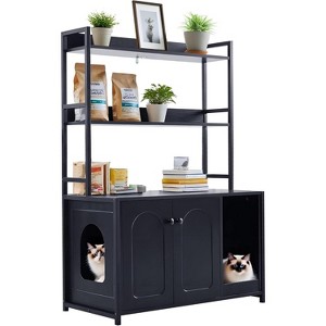 Cat Litter Box Enclosure Furniture with Shelves - 52" Hidden Litter Box Cabinet, Wood Enclosed Cat House with Scratch Mat, Dog Proof Design - 1 of 4