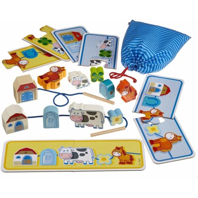 HABA On The Farm Wooden Lacing Toy & Fine Motor Skills Threading Game for Toddlers with Wooden Lacing Figures & Templates – Made in Germany