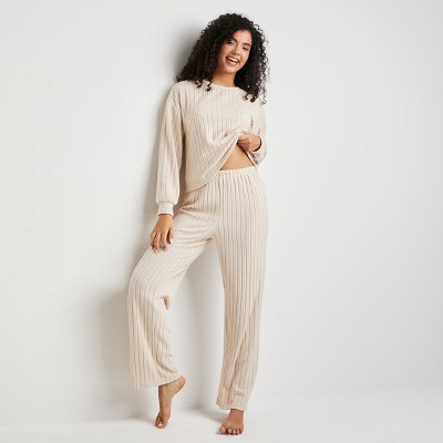 Women's Beige Ribbed Knit Long Sleeve Top & Pants Pajama Set - Cupshe