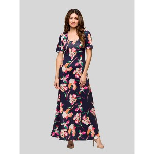 24seven Comfort Apparel Womens Navy Floral Print Elbow Sleeve Casual A Line Maxi Dress - 1 of 4