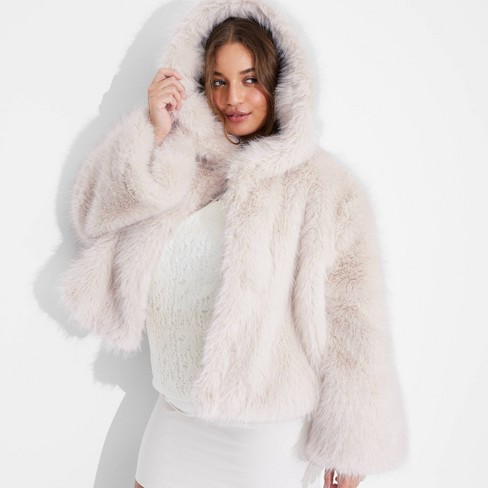 Cropped faux fur jacket with hood deals