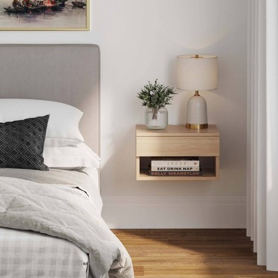 Light Oak Floating Wall-Mount Nightstand with Drawer and Shelf