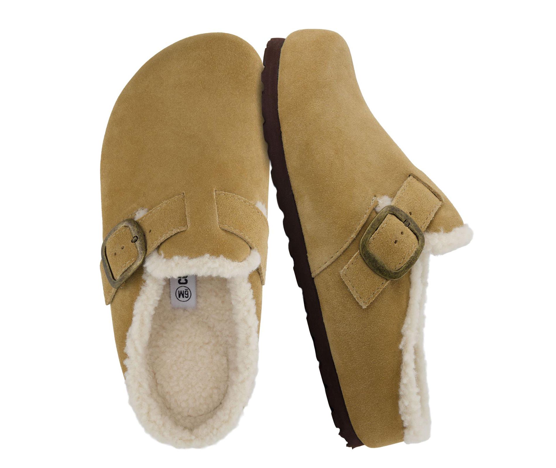 CUSHIONAIRE Haven Genuine Leather Clogs for Women – Faux Fur Lined  Slip-On Womens Shoes with Cork Footbed and Adjustable Buckle, Sand 10