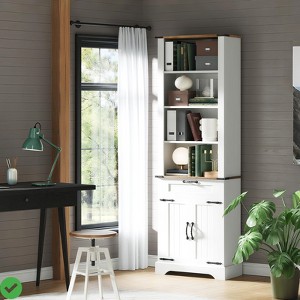 72" Tall Farmhouse Bookcase with Barn Door, Antique White ¨C Wooden Bookshelf with Storage Cabinet and Drawer, - 1 of 4