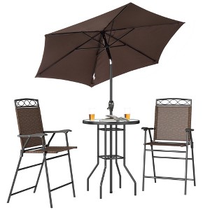 4 Piece Outdoor Bar Set with Umbrella, Patio Dining Set with 2 Folding Chairs, Wave Textured Tempered Glass Table for Backyard, Garden, Deck, Poolside - 1 of 4
