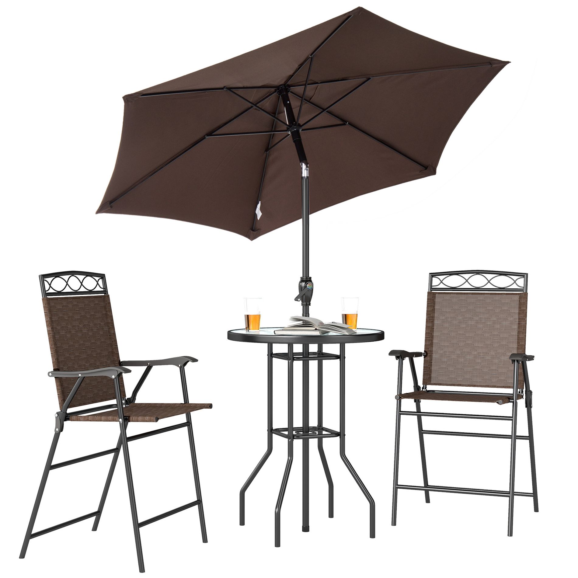 Outsunny Bistro Porch Furniture, Set of 2 Patio Chairs, Folding, Small Outdoor Dining Table, Textured Glass, Angle Adjustable Umbrella, Brown