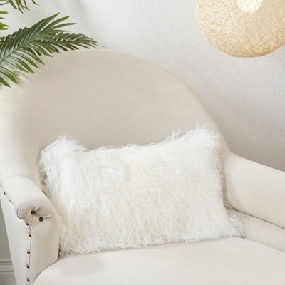 Ivory Mongolian Lamb Fur Rectangular Throw Pillow