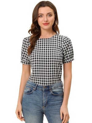 INSPIRE CHIC Women's Vintage Crew Neck Puff Sleeve Casual Plaid Gingham Blouse