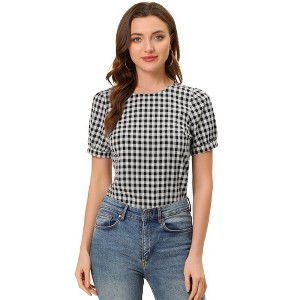 INSPIRE CHIC Women's Vintage Crew Neck Puff Sleeve Casual Plaid Gingham Blouse - 1 of 4