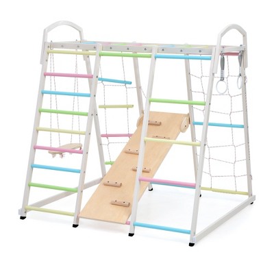 Sandinrayli Indoor Jungle Gym, 9-in-1 Children Playground, Climber Playset for Kids Ages 3-8 with Slide, Monkey Bars, Swing, Hand Rings
