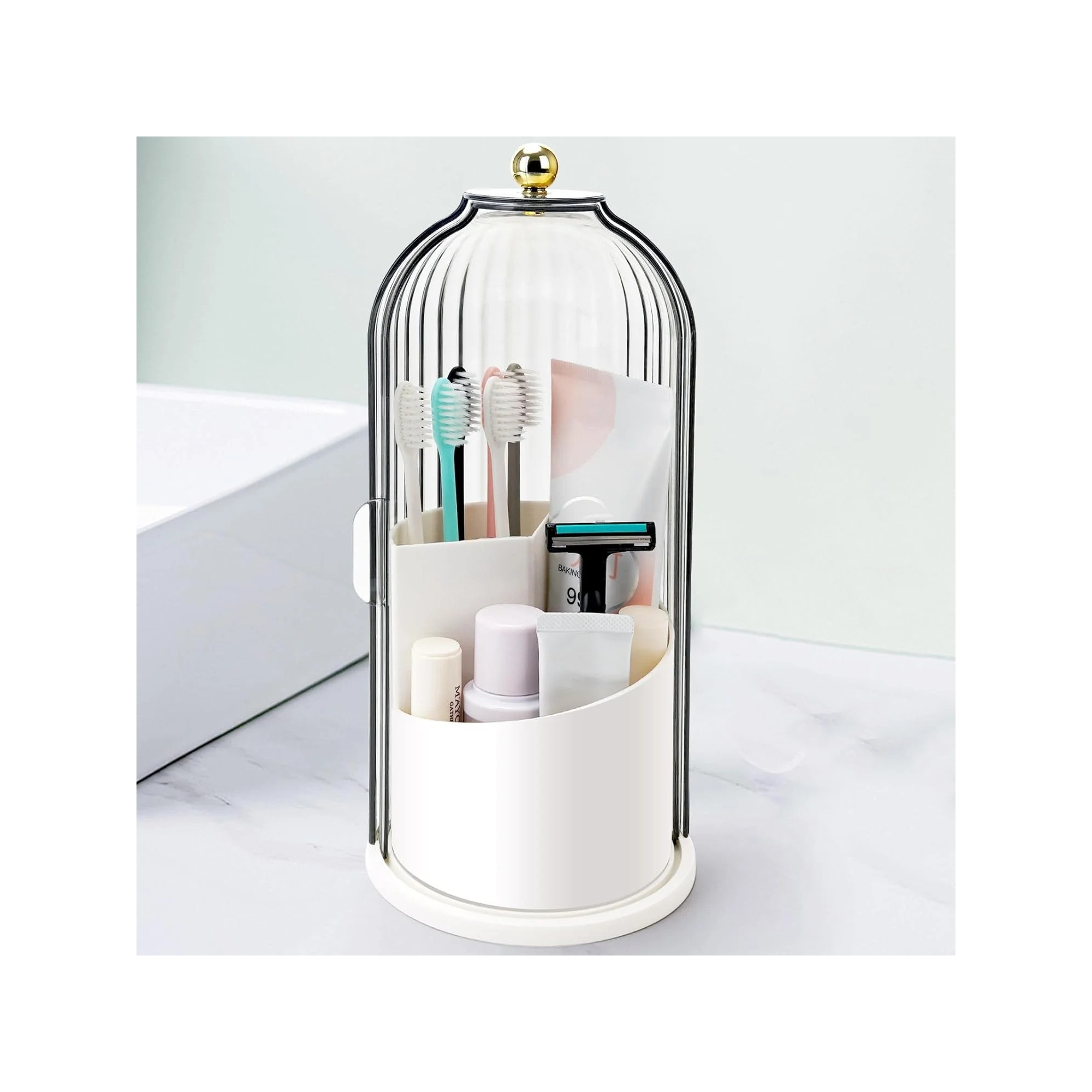 Toothbrush Holder 360 Rotating Clear Dustproof Waterproof 3 Slots Bathroom Countertop Organizer Covered White