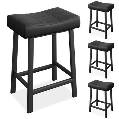 Coucheta Black Counter Height Bar Stools Set of 4, 24 Inch Saddle Barstool with Curved Surface, Leather Kitchen Island Chair for Dining Room Home Bar