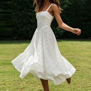 Women's Square Neck Spaghetti Strap Midi Dress Flowy A Line Casual Summer Dresses White L