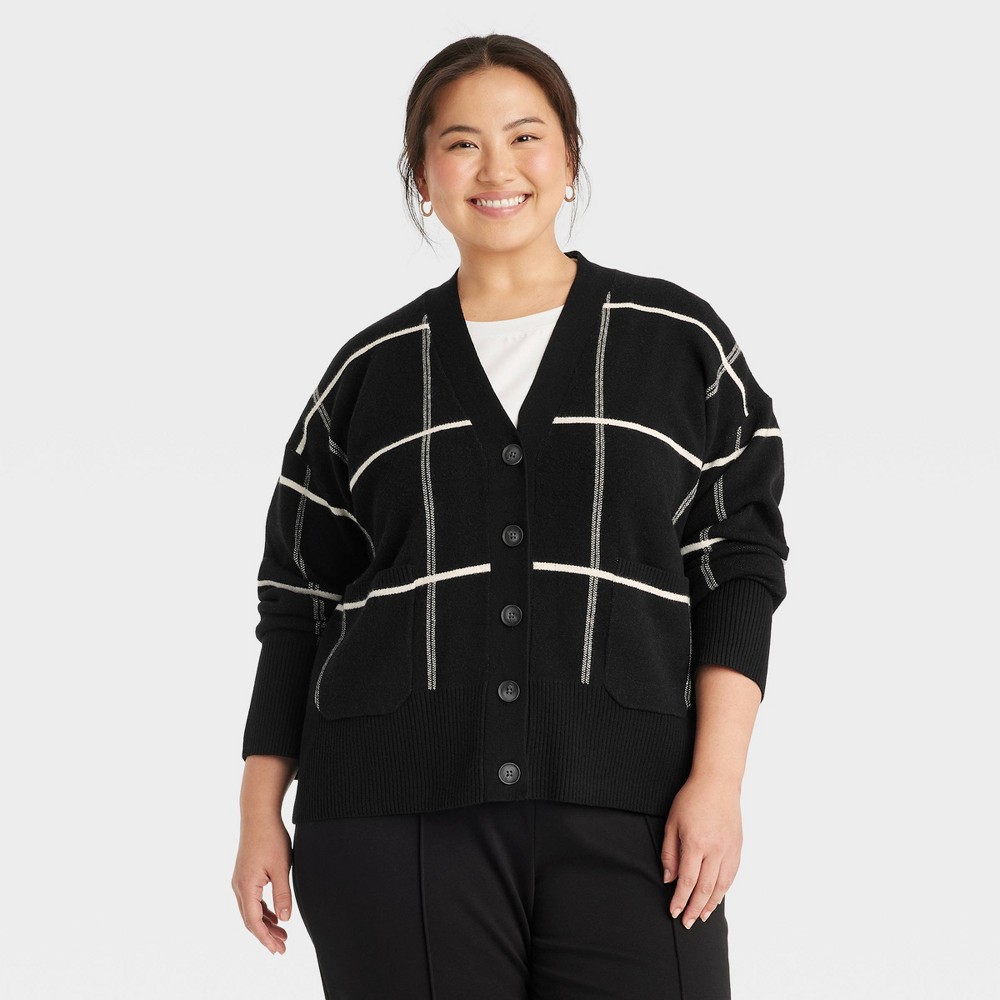 Women's Cozy Knit Everyday Cardigan - A New Day™ Black/Cream Plaid 4X