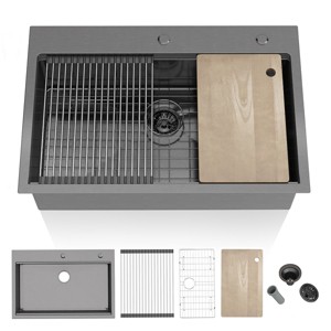 CHEVNI Kitchen Sink Stainless Steel Single Bowl With Cutting Board Drop In Top Mount Black - 1 of 4