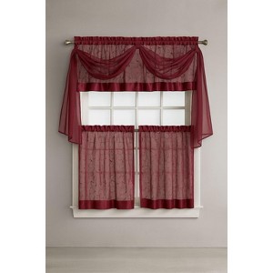 Kate Aurora Complete 4 Piece Linen Leaf Embroidered Complete Kitchen Curtain Set - 1 of 3