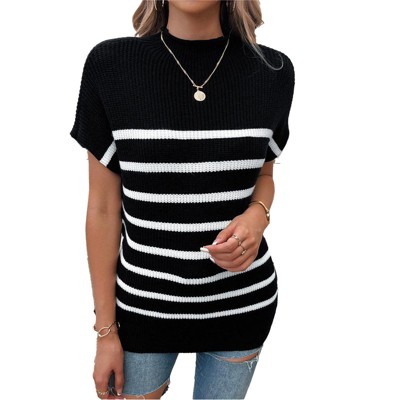 Women's Cap Sleeve Pullover Sweater Stripe Crew Neck Lightweight Ribbed Knit Summer Casual Tops