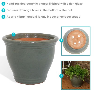 Sunnydaze Studio 15" High-Fired Glazed Gray Ceramic Planter