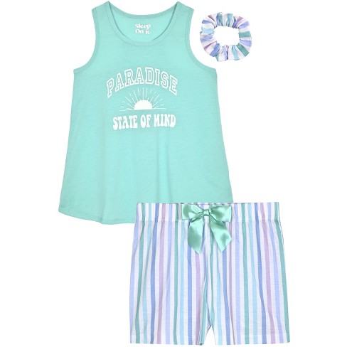 Sleep On It Girls 2-Piece Sleeveless Tank-Top Jersey Pajama Shorts Set with  Hair Scrunchie, Mint with Matching Hair Scrunchie, Size L (14/16)