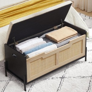 Rattan Storage Bench with Safety Hinge, 23.6/39.4 in Entryway Bench with Storage, Shoe Storage Bench Chest, End of Bed Bench with Side Handles - 1 of 4