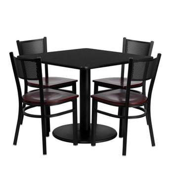 Flash Furniture 36'' Square Black Laminate Table Set with 4 Grid Back Metal Chairs - Mahogany Wood Seat