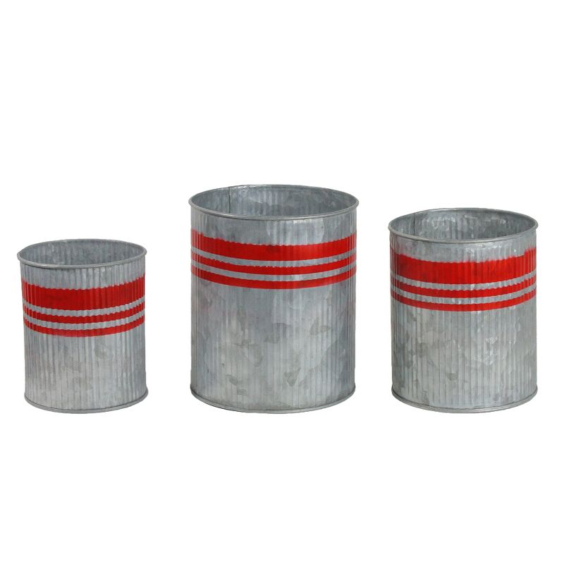 Allstate Floral Set of 3 Gray and Red Tin with Stripes Christmas Planters 6.25", 1 of 3