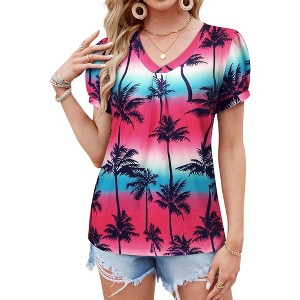 Nlife Womens Puff Short Sleeve Hawaiian Shirts Floral Tropic Printed Pleated V Neck Summer Casual T-Shirt Trendy Boho Blouses Tops - 1 of 4