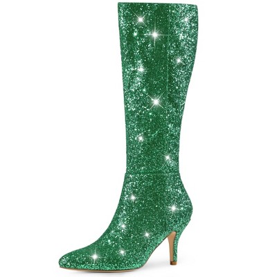 Allegra K Women s Pointy Toe Sparkle Glitter Stiletto Heel Knee High Boots Green 6 Target