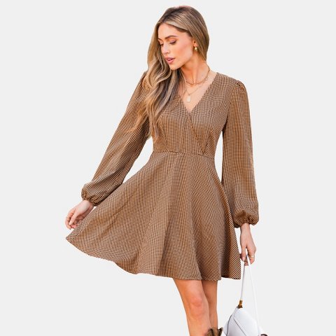 Женские платья Cupshe Women's Chic Gingham Balloon Sleeve Dress-M-Orange