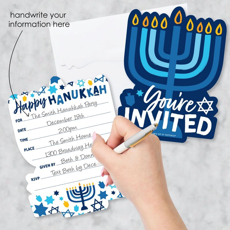 Big Dot of Happiness Hanukkah Menorah - Shaped Fill-In Invitations - Chanukah Holiday Party Invitation Cards with Envelopes - Set of 12, 2 of 8