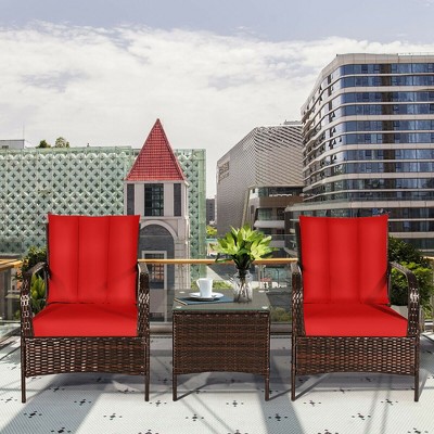 Costway 3 PCS Patio Rattan Furniture Set Coffee Table & 2 Rattan Chair W/Red Cushions