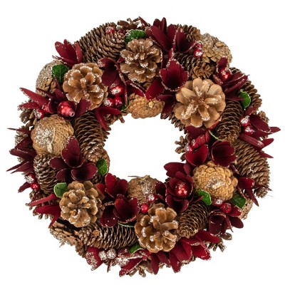  Northlight 13" Unlit Ornaments with Glittered Pine Cone Red Floral Artificial Christmas Wreath 