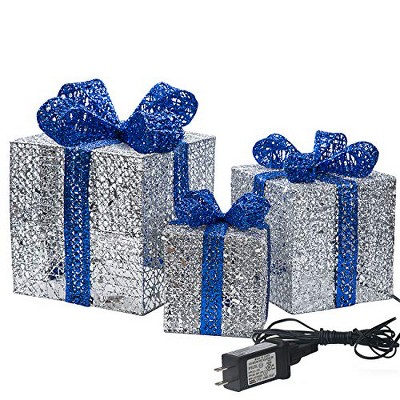 Sunnyglade 10”-8”-6” Set of 3 Christmas Lighted Gift Boxes with Plug for Christmas Decor, Weddings Yard Home Holiday Art Decorations (Silver)