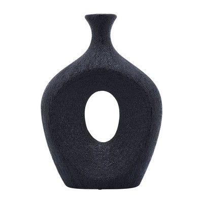 Black Ceramic Beaded Oval Vase with Cut-Out Design