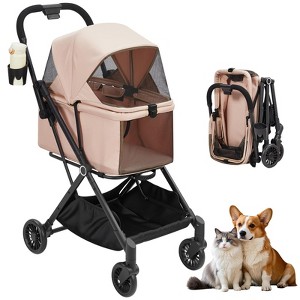 4-Wheel Foldable Pet Stroller for Small to Medium Pets Up to 50Lbs, 360¡ã Swivel Wheels with Foot Brake&Breathable Mesh Canopy, for Park, Vet Outings - 1 of 4