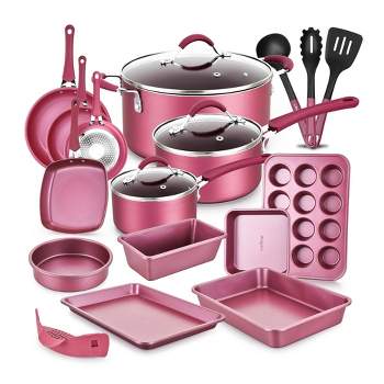 NutriChef Metallic Nonstick Ceramic Cooking Kitchen Cookware Pots and Pan Baking Set with Lids and Utensils, 20 Piece Set, Maroon Pink