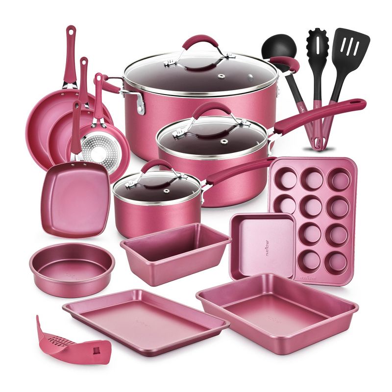 NutriChef Metallic Nonstick Ceramic Cooking Kitchen Cookware Pots and Pan Baking Set with Lids and Utensils, 20 Piece Set, Maroon Pink, 1 of 6