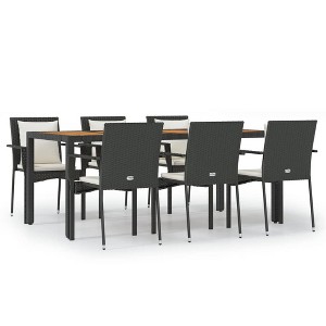 vidaXL 7-Piece Garden Dining Set with Cushions - Modern Outdoor Lounge Set, Black Poly Rattan with Solid Acacia Wood Tabletop, Easy Assembly - 1 of 4