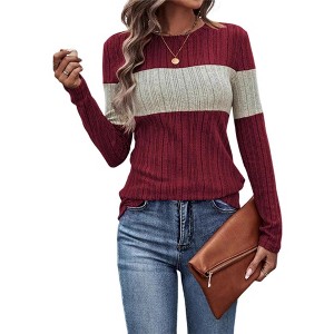 Women's Cozy Textured Sweaters 2025 Fall Fashion Knit Striped Long Sleeve Crew Neck Color Block Tunic Tops - 1 of 4