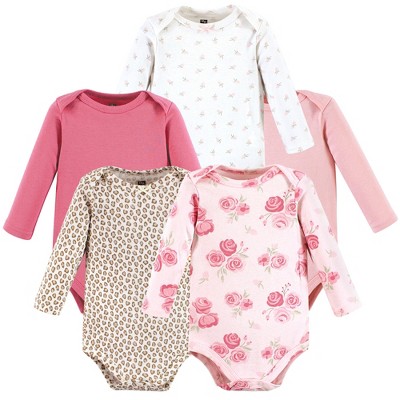 Image of Hudson Baby Infant Girl Cotton Long-Sleeve Bodysuits, Blush Rose Leopard 5-Pack, 6-9 Months