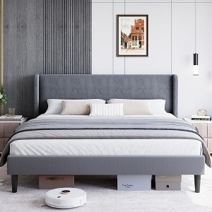 Bed Frame with Vertical Channel Headboard, Upholstered Bed Frame with Wood Slats - 1 of 4