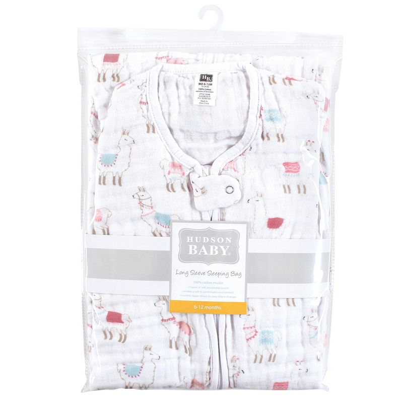 Hudson Baby Infant Girl Long Sleeve Muslin Sleeping Bag, Wearable Blanket, Sleep Sack, Llama, 3 of 4
