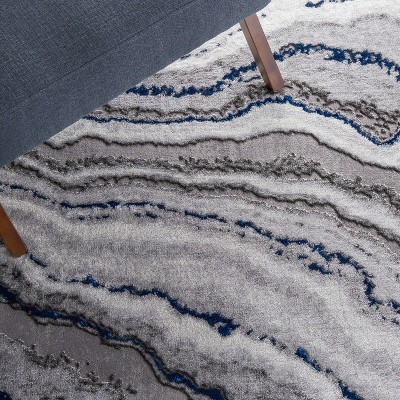 Grey and Blue Abstract Hand-knotted Rectangular Rug