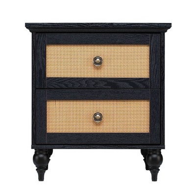 Transitional Black and Rattan 2-Drawer Nightstand with Lathe-Turned Feet