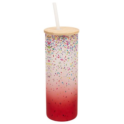 Elanze Designs Rainbow Confetti Party Celebration Wrap-Around Design 25 Ounce Frosted Gradient Glass On-The-Go Coffee Travel Skinny Tumbler Mug Cup,